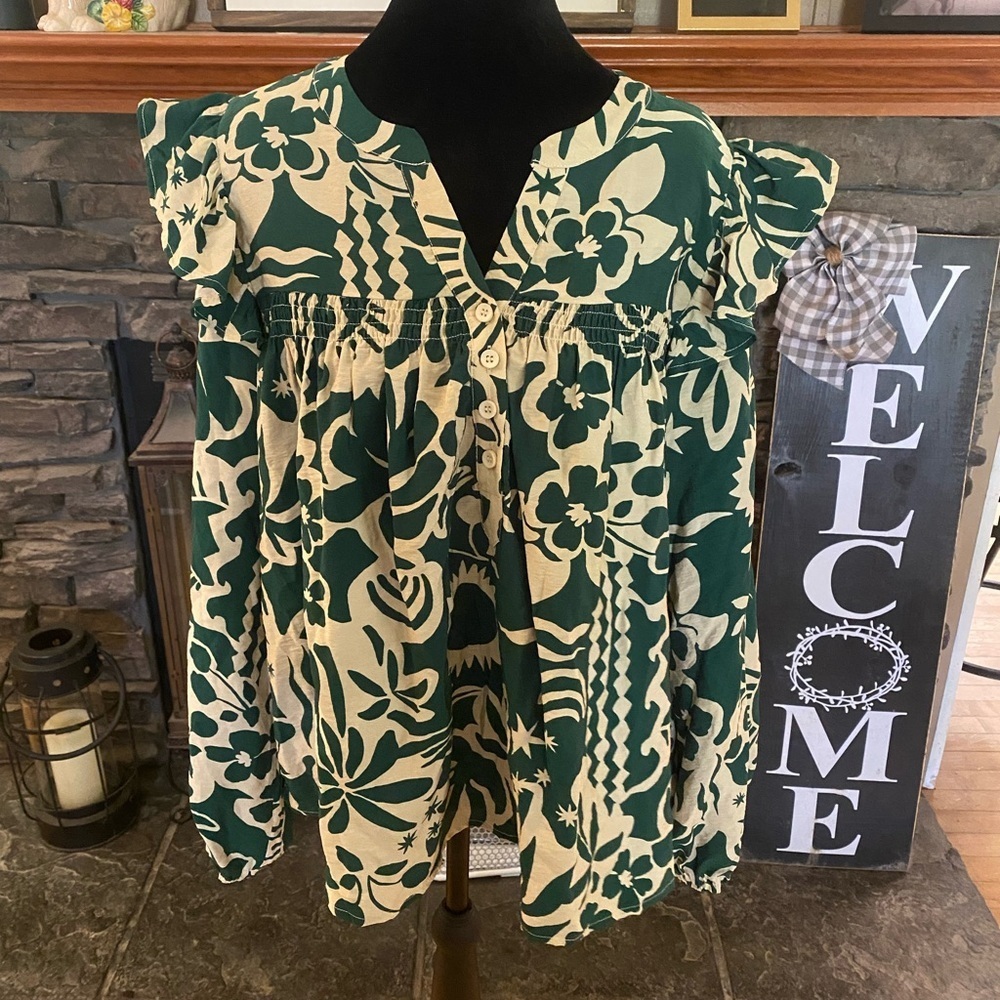 Boho Green and Cream Floral Ruffle Tunic Top with Balloon Sleeves